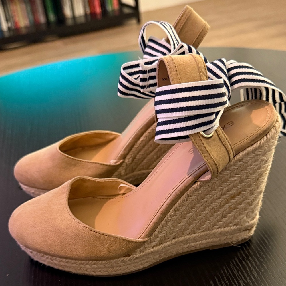 Guess Tan Wedge Sandals with Navy Striped Ribbon
